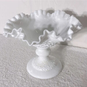 Vintage Fenton White Glass Hobnail Ruffle Edge Pedestal  Compote Candle Holder